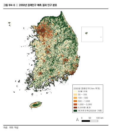 GPAI가 예측한 2025년부터 2050년까지 우리나라 5년 단위의 인구 변화 : 빨간색이 짙을 수록 인구가 많아질 것이라고 예측한다. 경기북부 지역의 붉은 점이 더 늘어가는 것을 알 수 있다.