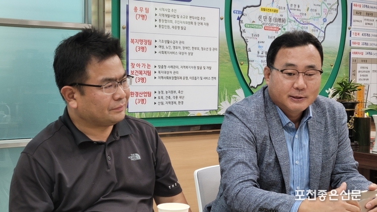 왼쪽부터 (주)동양식자재마트 포천점장, 임석원 경영총괄이사가 윤종애 선단동장에 이웃돕기 동참에 관해 진지하게 말하고 있다. 