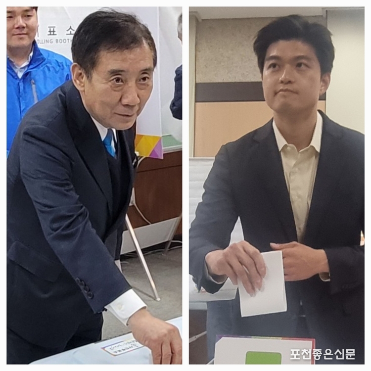 민주당 박윤국 후보와 국민의힘 김용태 후보가 5일 신읍동 포천시근로자종합복지관에서 각각 사전 투표하고 있다. 