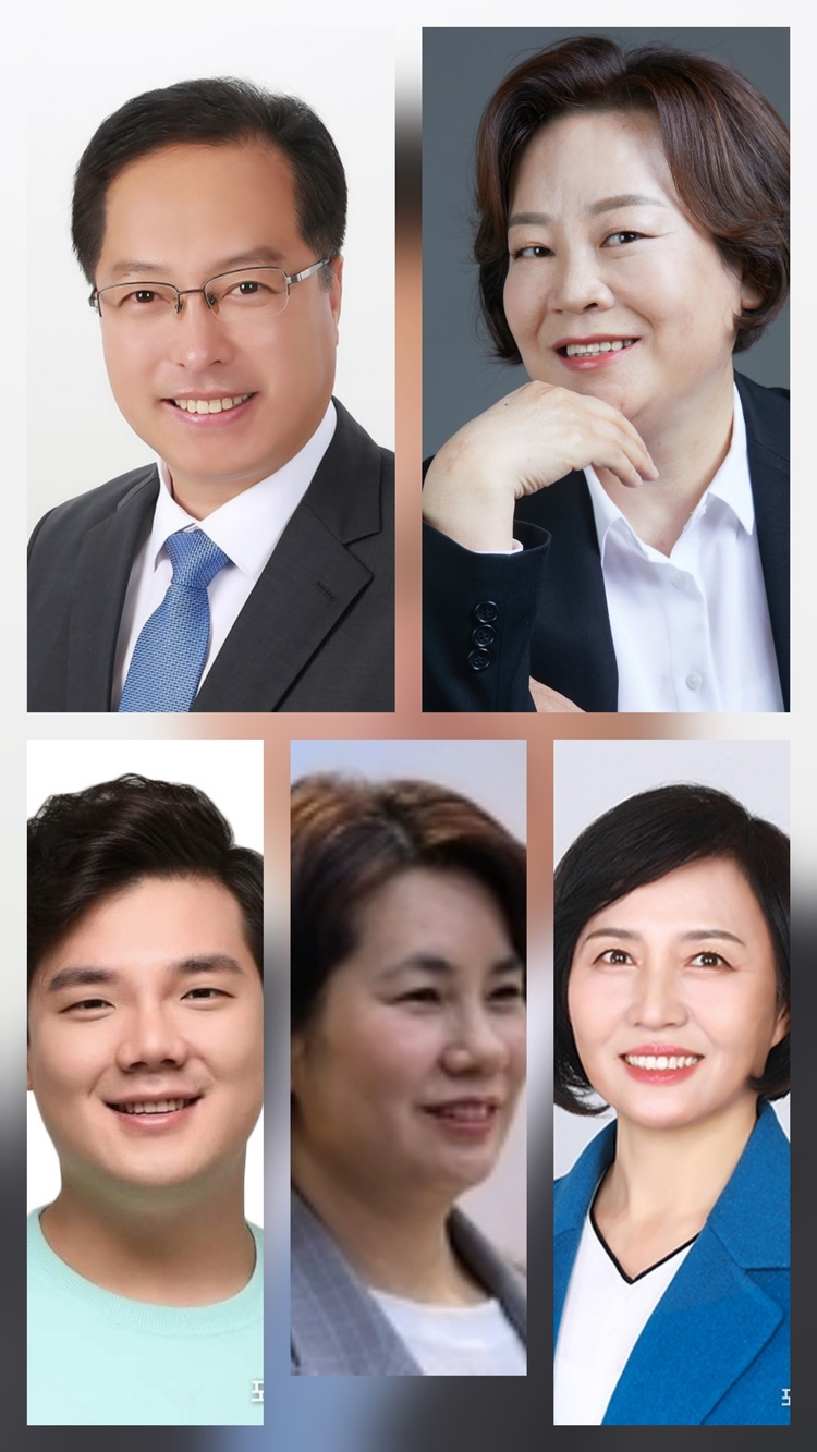 내년 더불어민주당 시의원 출마자로 거론되는 사람들. 위부터 시계방향으로 가세현, 윤경례, 이미숙, 오명식 김현규.